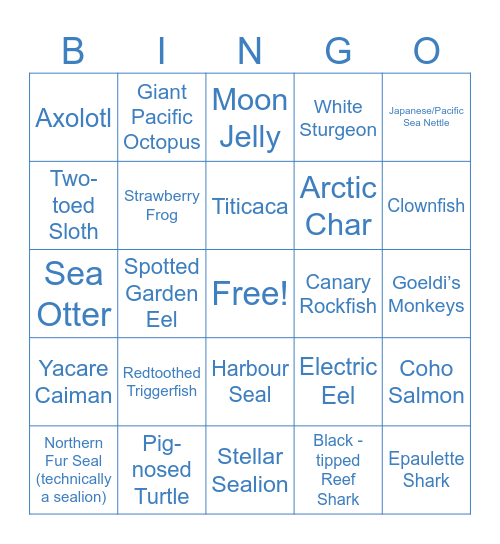 Vancouver Aquarium Bingo Card