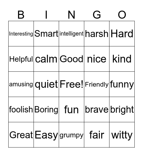 Poistive and Negative Adjectives Bingo Card