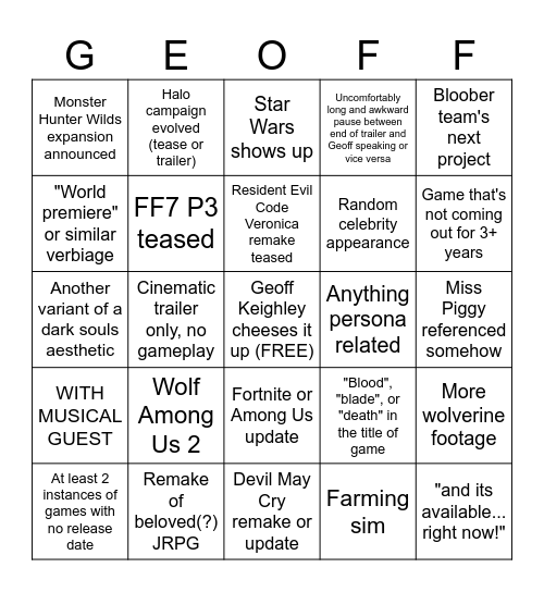 SGF EXTRAVAGANZA Bingo Card