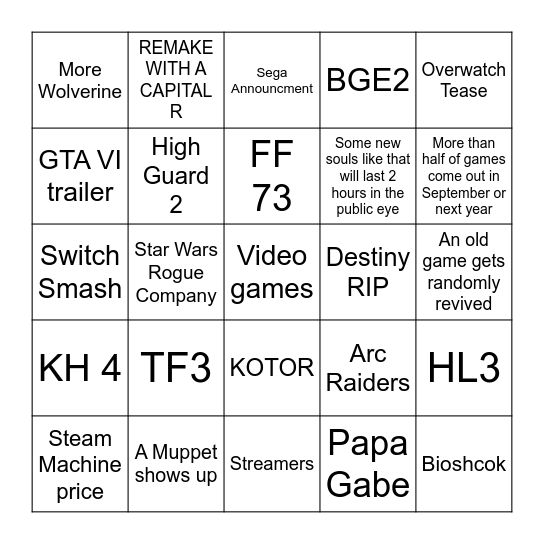 Game Fest Bingo Card