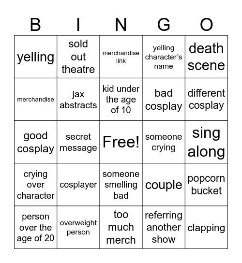 TADC MOVIE Bingo Card