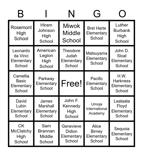 SCUSD SCHOOLS Bingo Card