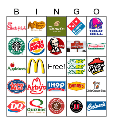 Restaurant Bingo Card