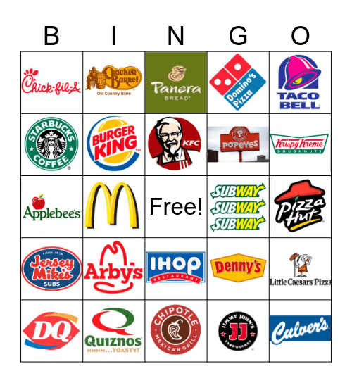 Restaurant Bingo Card