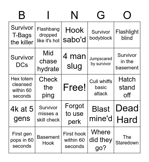 DBD Killer Bingo Card