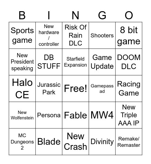 Xbox Showcase 2026 Bingo Card