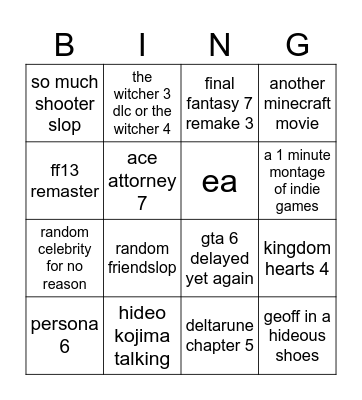 the game awards 2026 Bingo Card
