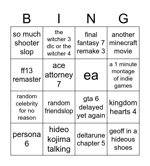 the game awards 2026 Bingo Card