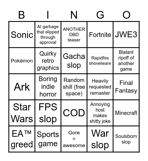 Game Showcase Bingo Card