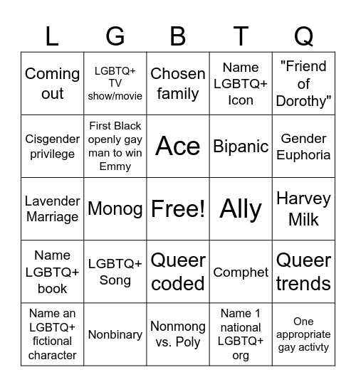 LGBTQ+ Relapse Prevnetion Bingo Card