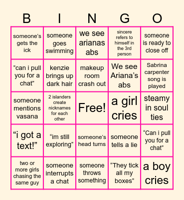 LOVE ISLAND S8 Bingo Card