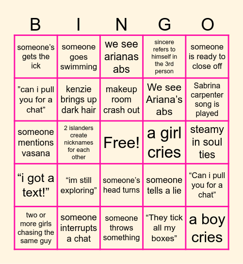 LOVE ISLAND S8 Bingo Card