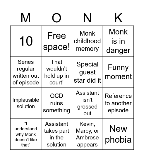 Monk Bingo Card