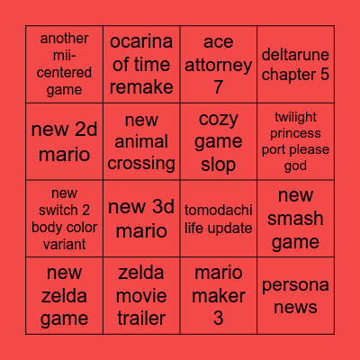 Nintendo Direct 2026 Bingo Card