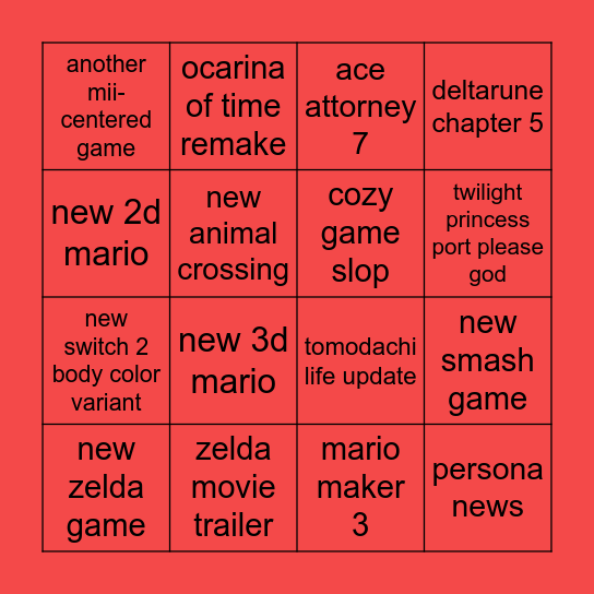 Nintendo Direct 2026 Bingo Card