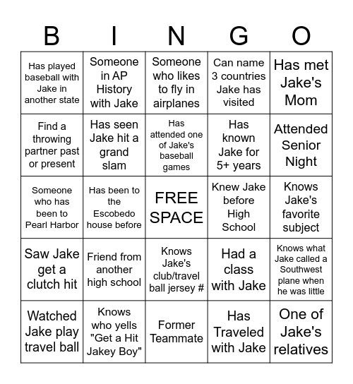 Jakey Boy BINGO Card