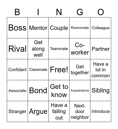 RELATIONSHIPS Bingo Card