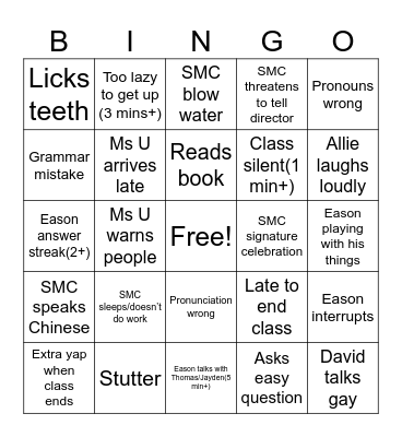 English Bingo Card