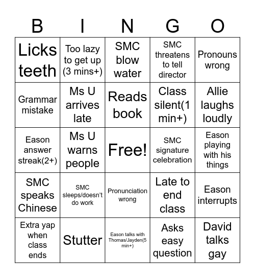 English Bingo Card