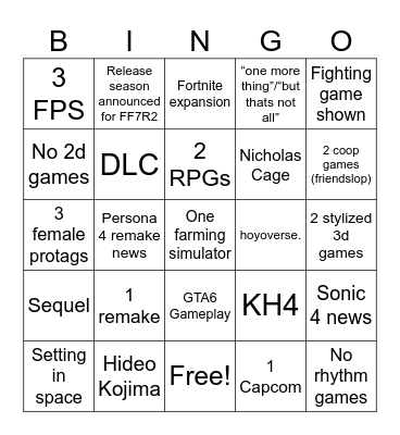 Summer Game Fest 2026 Bingo Card