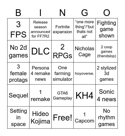 Summer Game Fest 2026 Bingo Card