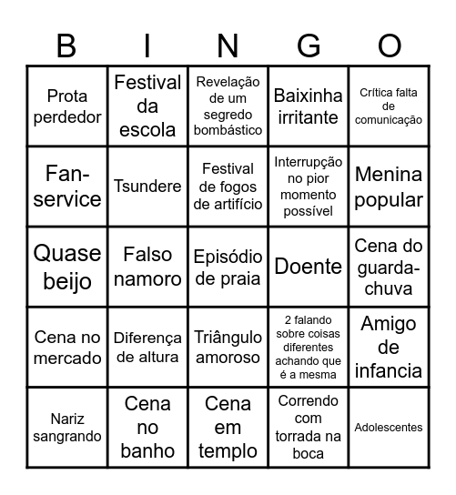 Anime de Romance Bingo Card