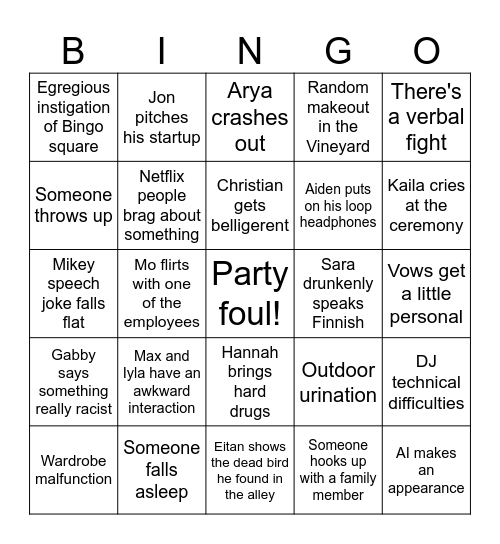 Esmir wedding bingo Card