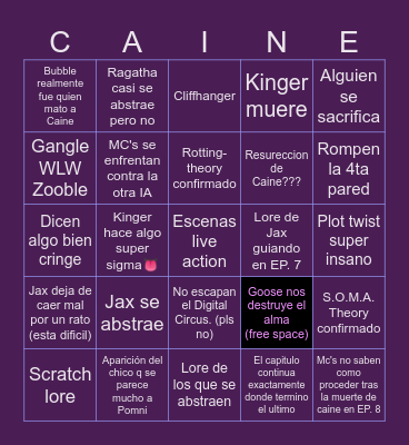 TDAC Finale Bingo Card