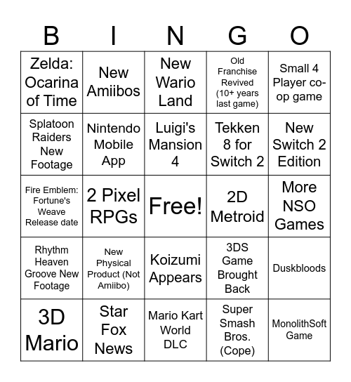 Nintendo Direct June 2026 Bingo Card