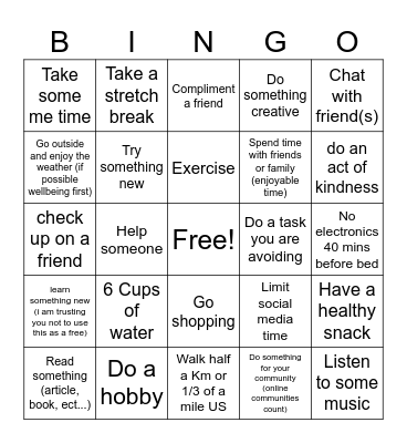 Daily Wellness Bingo Card