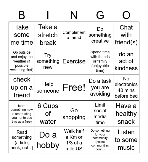 Daily Wellness Bingo Card