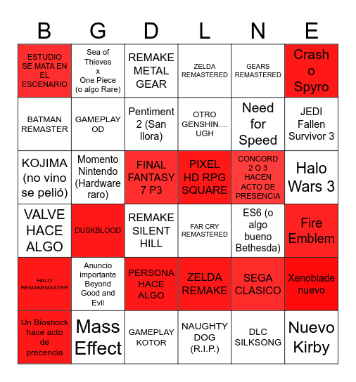 Bingo de la No E3 Bingo Card