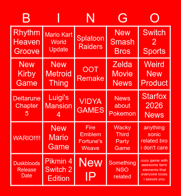 Nintendo Direct 6/9/26 Bingo Card