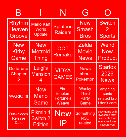 Nintendo Direct 6/9/26 Bingo Card