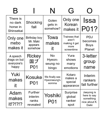 Shinsekai Finale Bingo Card