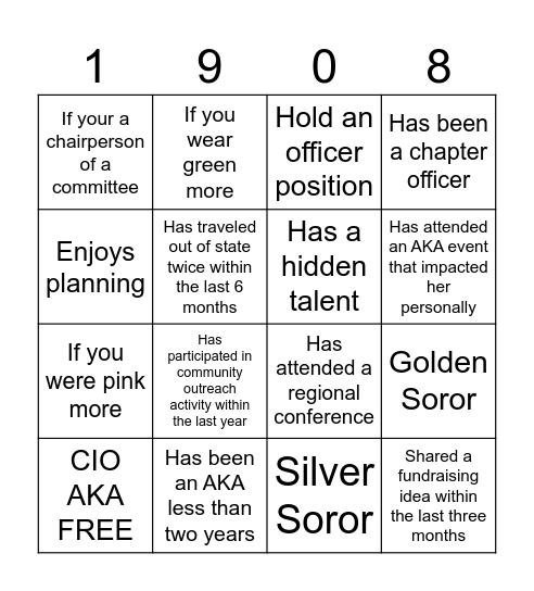 AKA Sisterhood Bingo Card