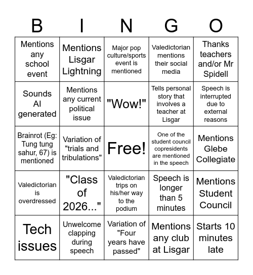 Lisgar 2026 Commencement Speech Bingo Card