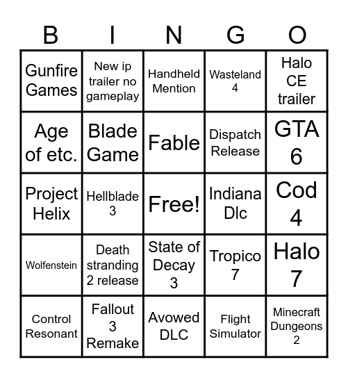 Xbox Showcase 2026 Bingo Card