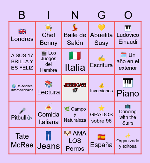 FELIZ CUMPLEAÑOS JESSICA 17TH Bingo Card