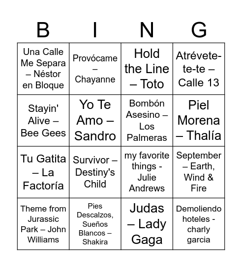 Bingo Musical Bingo Card