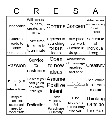CRESA EM Team Values "BINGO Card