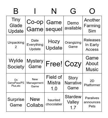 Wholesome Games Direct 2026 Bingo Card