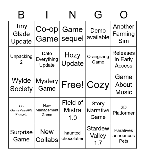 Wholesome Games Direct 2026 Bingo Card