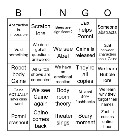 TADC Episode 9 bingo Card