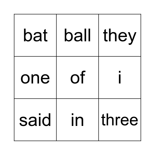 Sight Words Bingo Card
