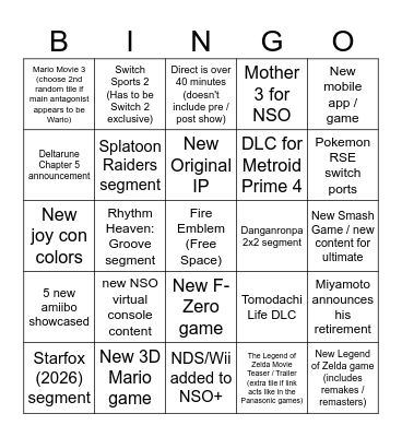 Nintendo Direct Bingo Card