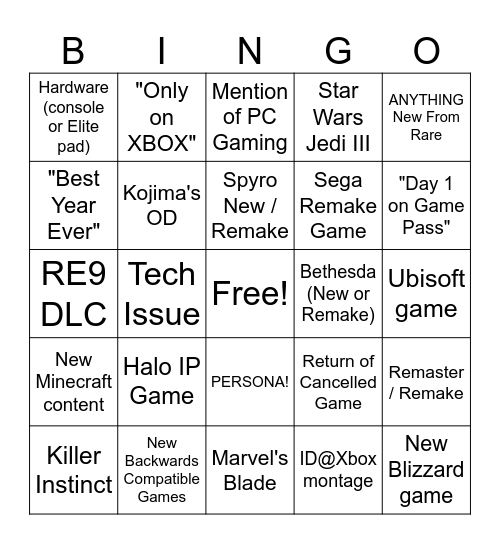 XBOX Game Event Thing 2026 Bingo Card