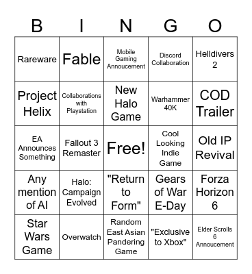 Xbox Showcase 2026 Bingo Card