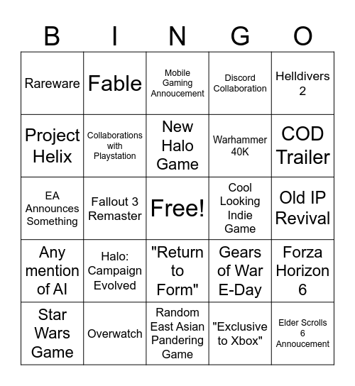 Xbox Showcase 2026 Bingo Card