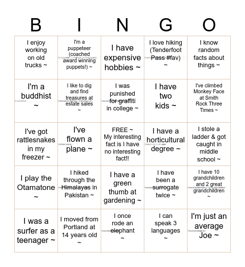 The ALBRIGHT MINGLE Bingo Card